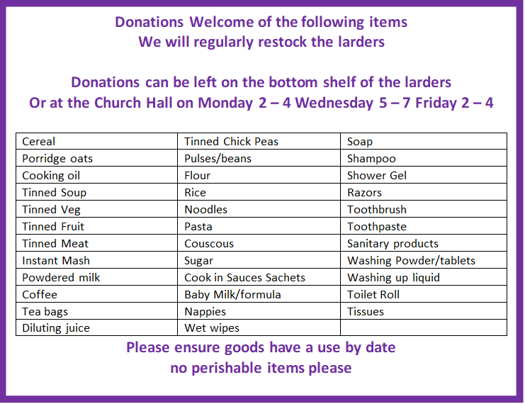 Donations Welcome of the following items
We will regularly restock the larders

Donations can be left on the bottom shelf of the larders
Or at the Church Hall on Monday 2 – 4 Wednesday 5 – 7 Friday 2 – 4

Cereal 	Tinned Chick Peas 	Soap
Porridge oats	Pulses/beans	Shampoo
Cooking oil	Flour	Shower Gel
Tinned Soup	Rice  	Razors
Tinned Veg	Noodles 	Toothbrush
Tinned Fruit	Pasta	Toothpaste
Tinned Meat	Couscous	Sanitary products
Instant Mash	Sugar	Washing Powder/tablets
Powdered milk	Cook in Sauces Sachets 	Washing up liquid 
Coffee	Baby Milk/formula 	Toilet Roll 
Tea bags	Nappies 	Tissues
Diluting juice 	Wet wipes	
Please ensure goods have a use by date
no perishable items please


